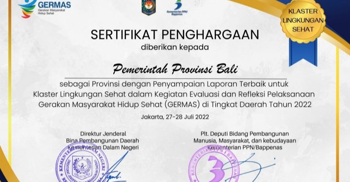 Bali Raih Penghargaan Terbaik Klaster Lingkungan Sehat GERMAS 2022